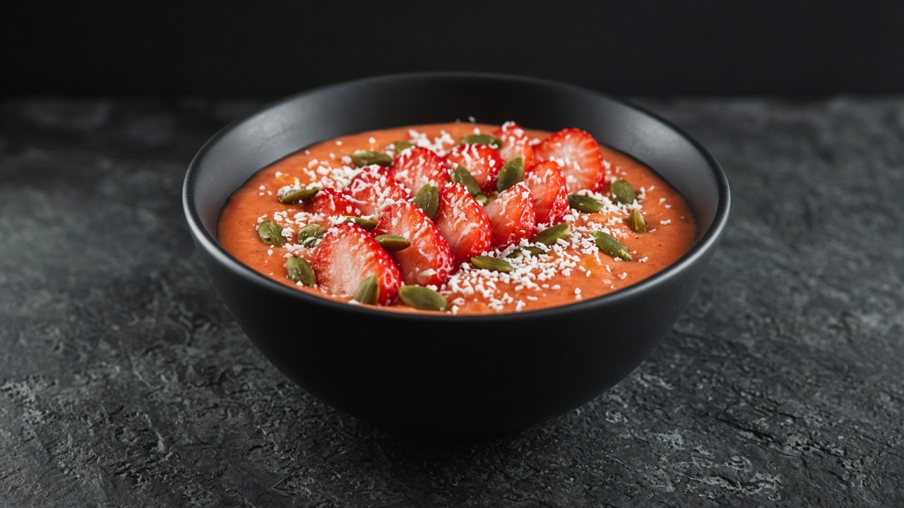 A thick smoothie of blended red strawberries and orange mango, topped with sliced fresh strawberries, pumpkin seeds and coconut.