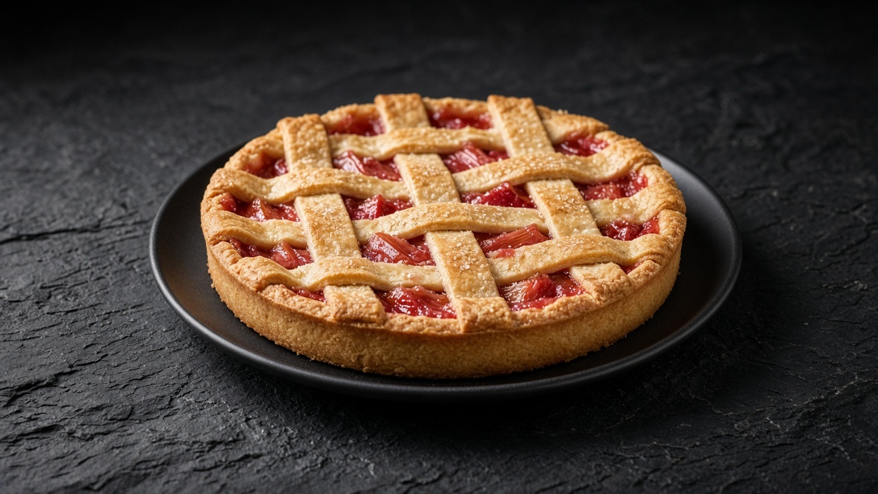 A lattice-topped tart with pink rhubarb and strawberry filling bubbling through sugared pastry strips.