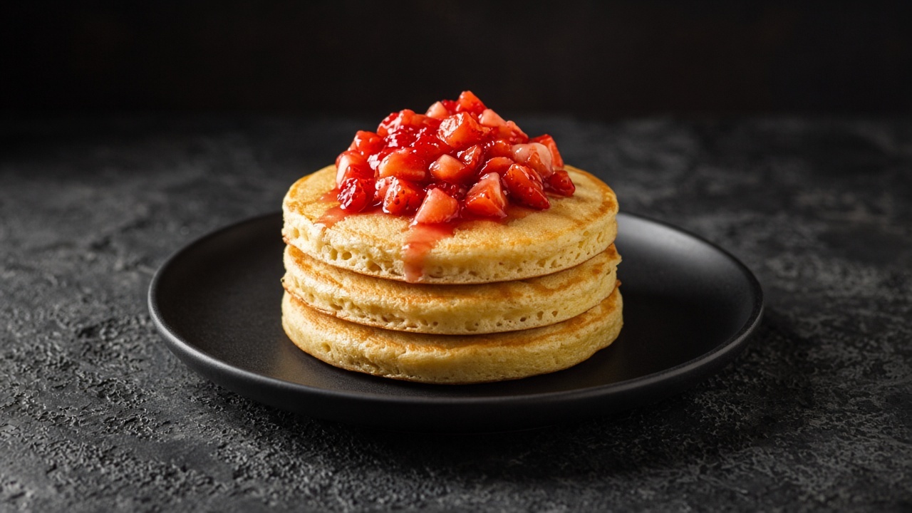 A stack of golden pancakes topped with chopped strawberries glistening in their own juice.