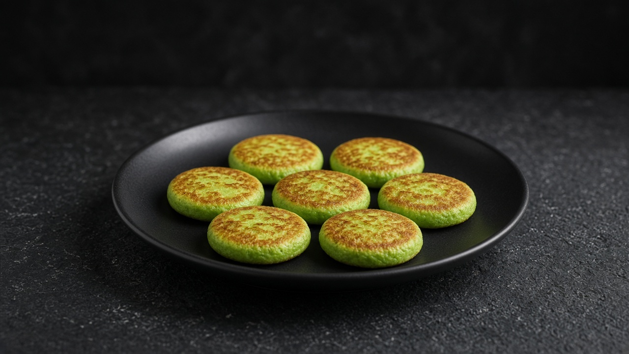 Small green pea pancakes arranged on a plate, lightly browned at the edges.