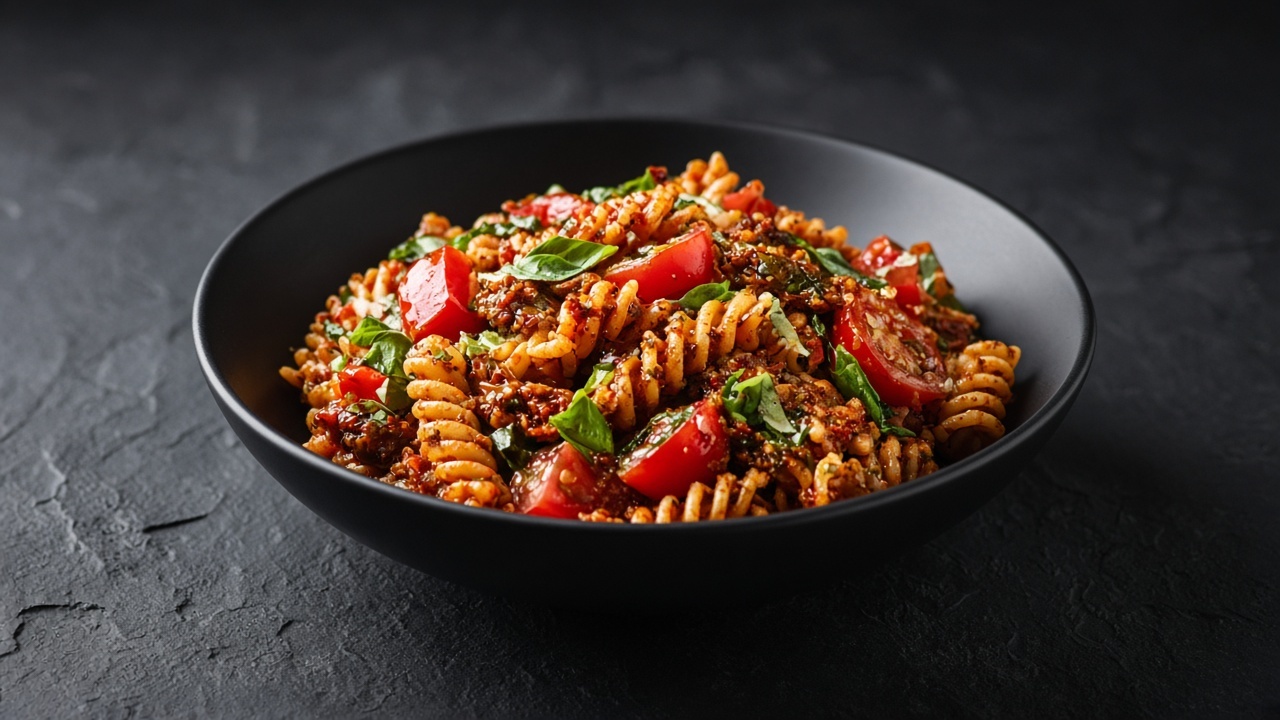 Fusilli coated in a red sun-dried tomato pesto with quartered cherry tomatoes and torn green basil leaves.