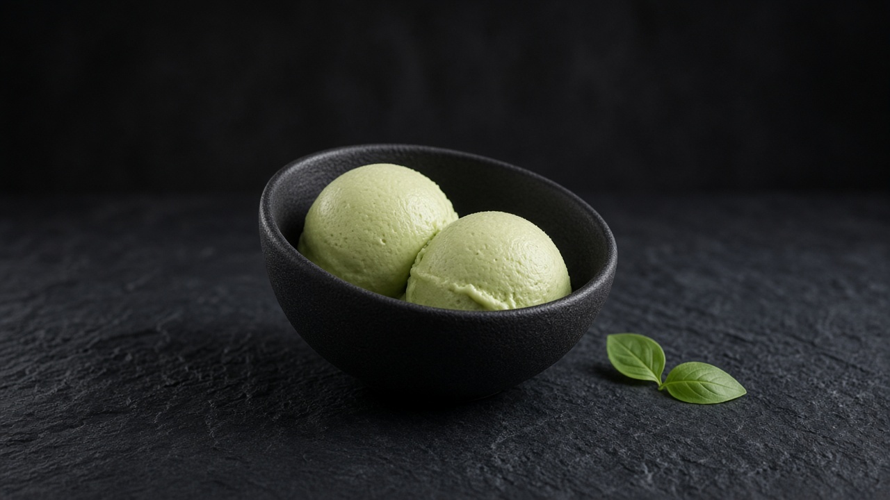 Two scoops of pale green sweet basil custard ice cream in a black bowl beside two basil leaves.