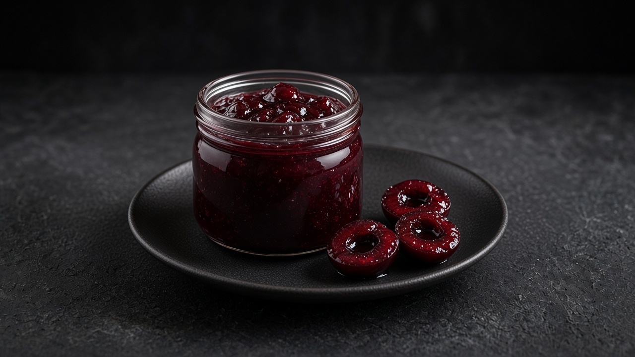 A glass jar of deep red sweet cherry preserves beside halved cherries on a matte black plate.