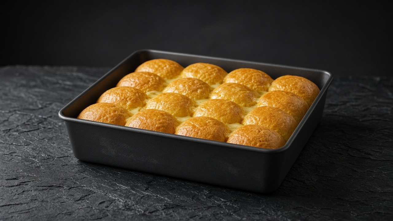 A square tin of golden-orange pull-apart rolls with buttery tops.