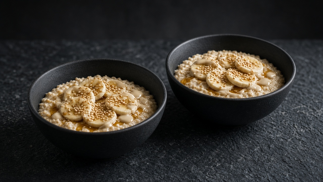 Two bowls of creamy banana porridge drizzled with tahini and maple syrup, topped with fresh banana slices and toasted sesame seeds.