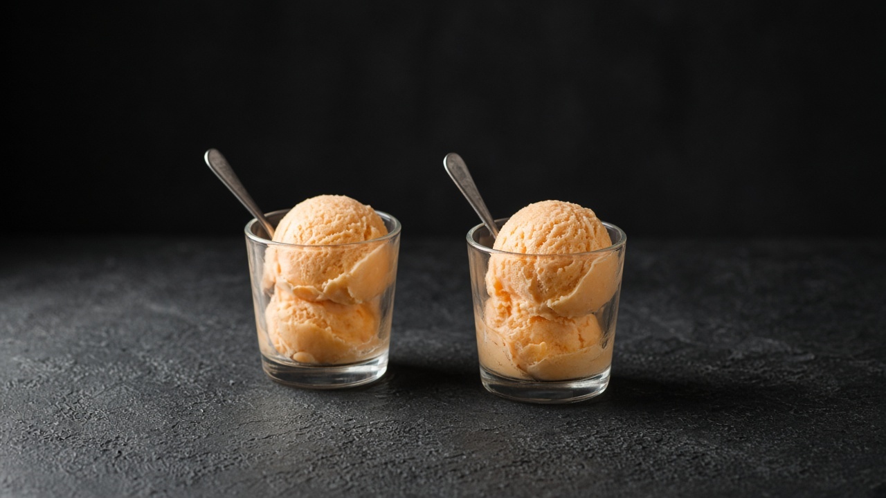Creamy pastel orange tangerine sherbet in small glasses with tiny spoons.