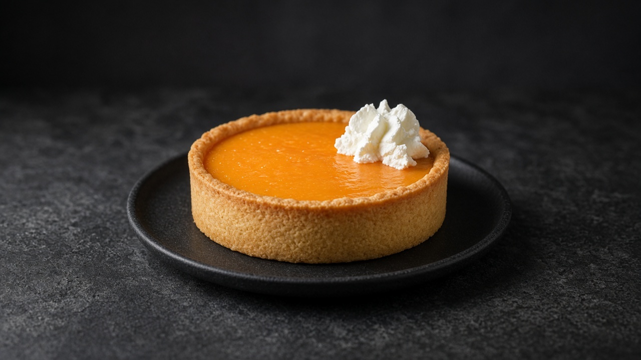 A bright orange tangerine curd tart in golden pastry, served with a spoonful of cream.