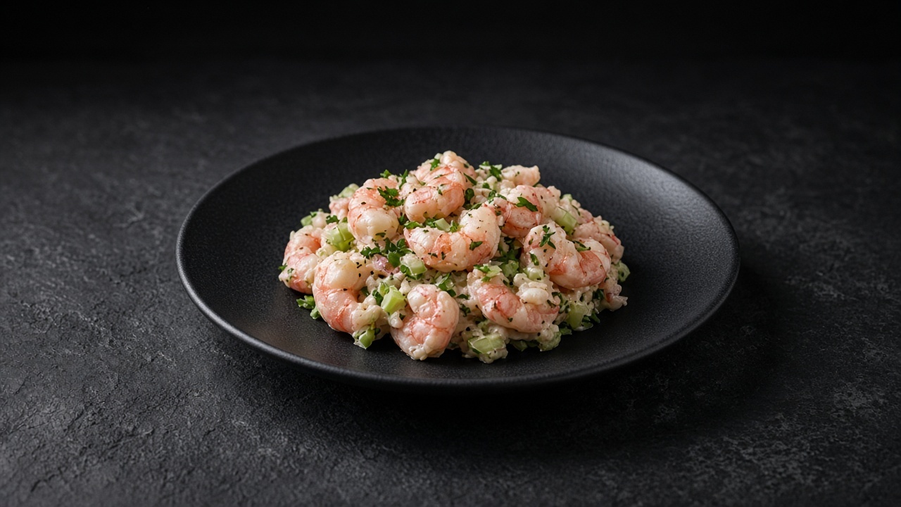 Prawn salad with celery and flecks of herbs mounded on a matte dark plate.
