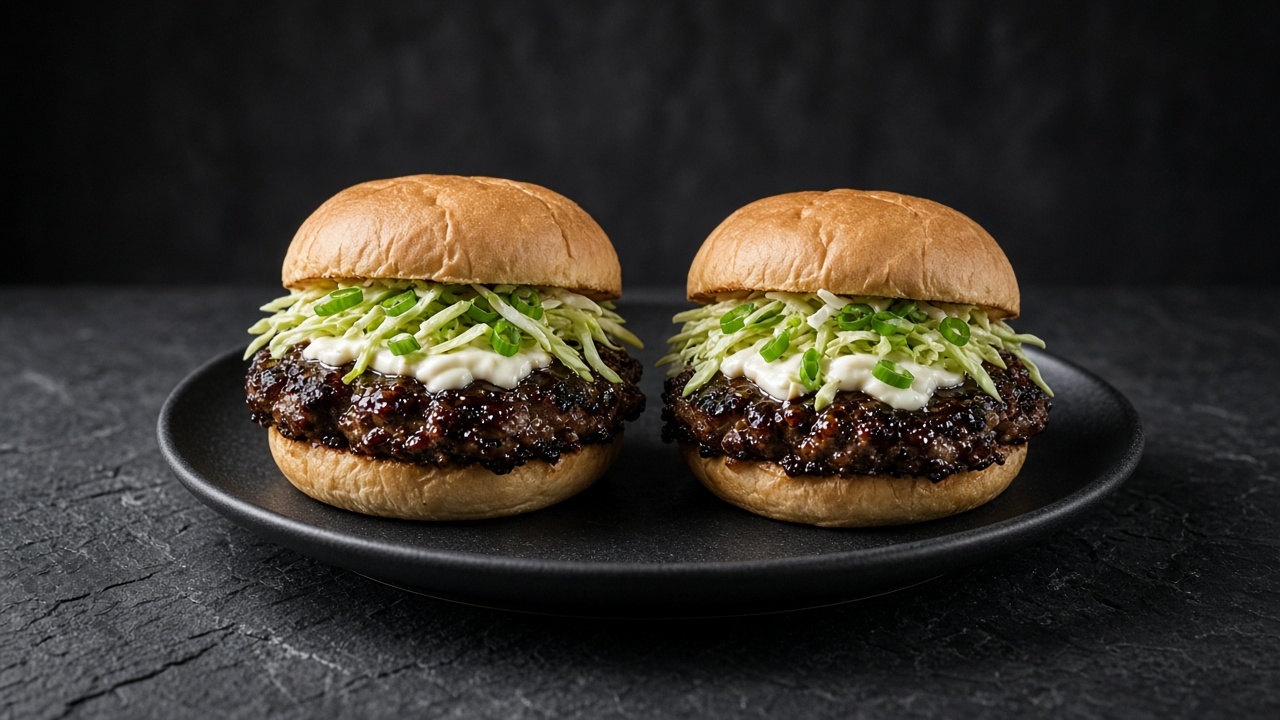 Two charred teriyaki-glazed beef patties topped with creamy mayo, shredded cabbage and spring onion in soft buns.