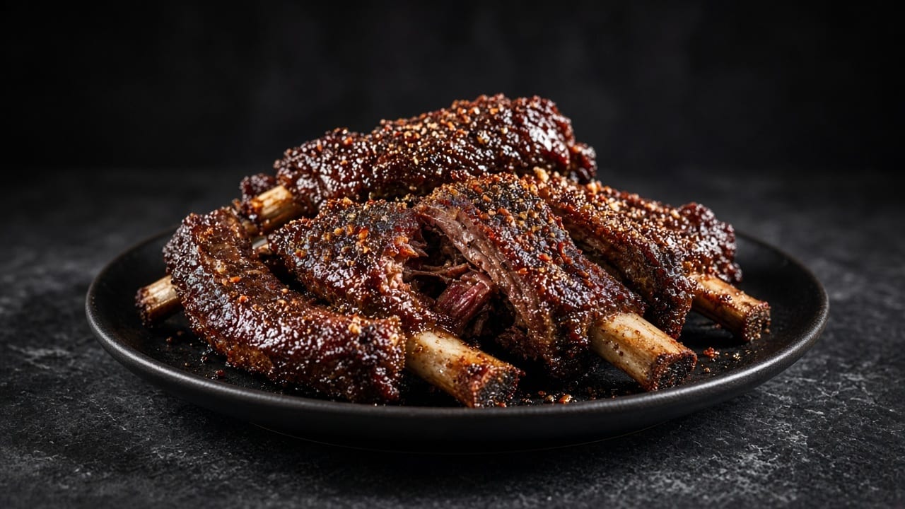 Barbecued beef ribs with a dark spice-rub bark on a black plate