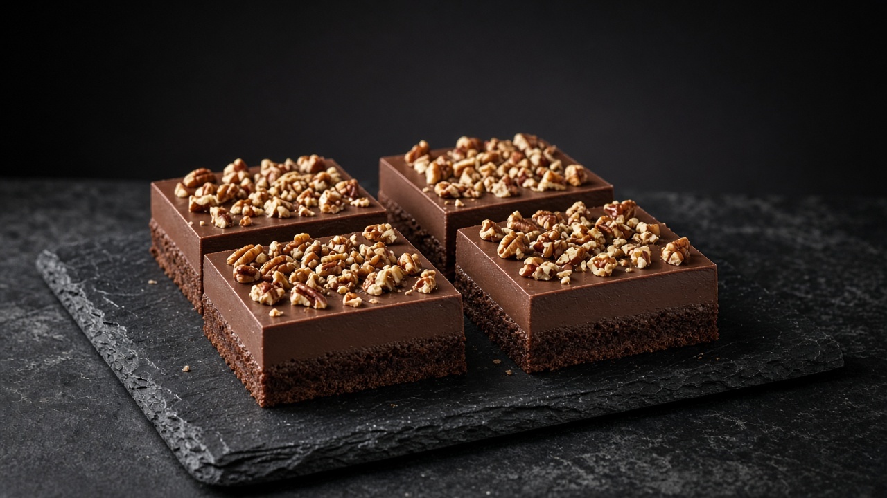 Squares of thin chocolate sheet cake under chocolate icing scattered with chopped pecans.