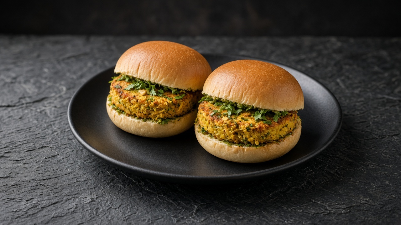 Golden-brown carrot patties flecked with coriander and spiced with turmeric in burger buns.