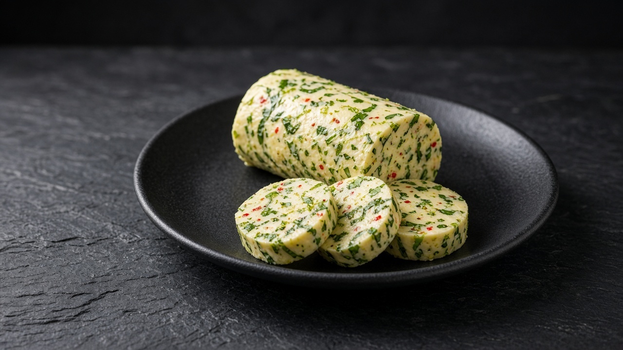 Log of basil, chilli and lime compound butter with three cut slices on a black plate