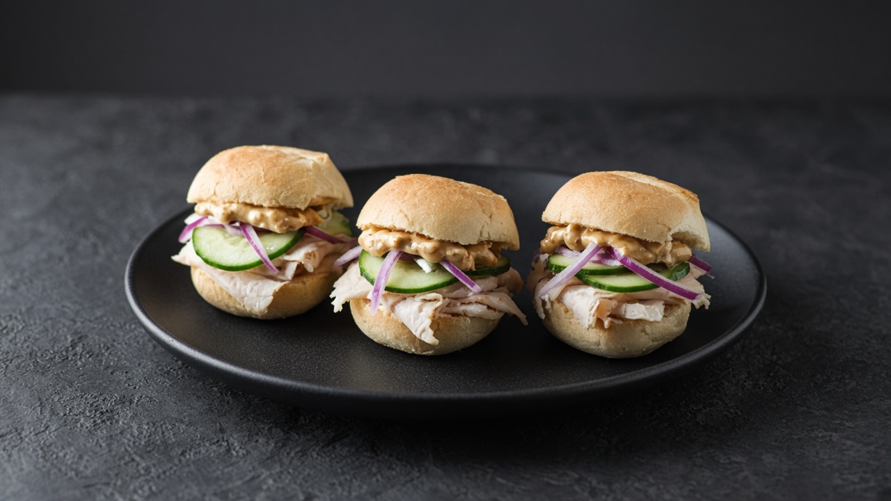 Three small turkey sliders topped with creamy peanut sauce, cucumber slices and red onion on soft rolls.