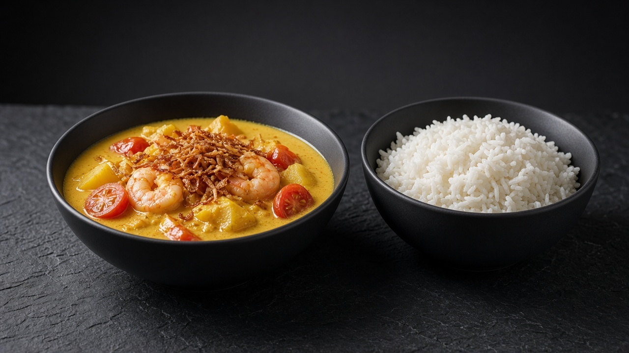 Yellow coconut curry with prawns, potatoes and crispy shallots beside jasmine rice.