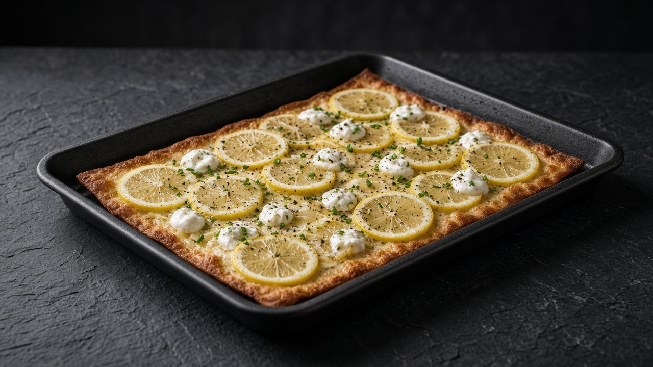 Thin crispy rectangular crust covered with pale lemon slices and black pepper, topped with dollops of crème fraîche and scattered chives.