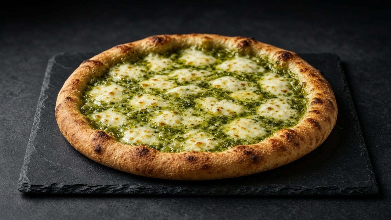 Round pizza with thick raised crust edge, topped with a bubbling layer of three melted cheeses over bright green pesto.