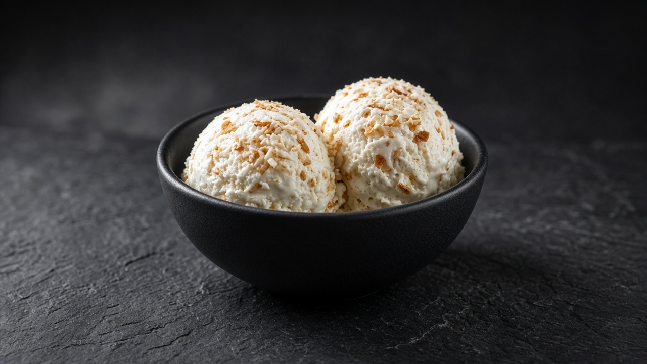 Two scoops of off-white coconut custard ice cream flecked with toasted coconut in a black bowl.