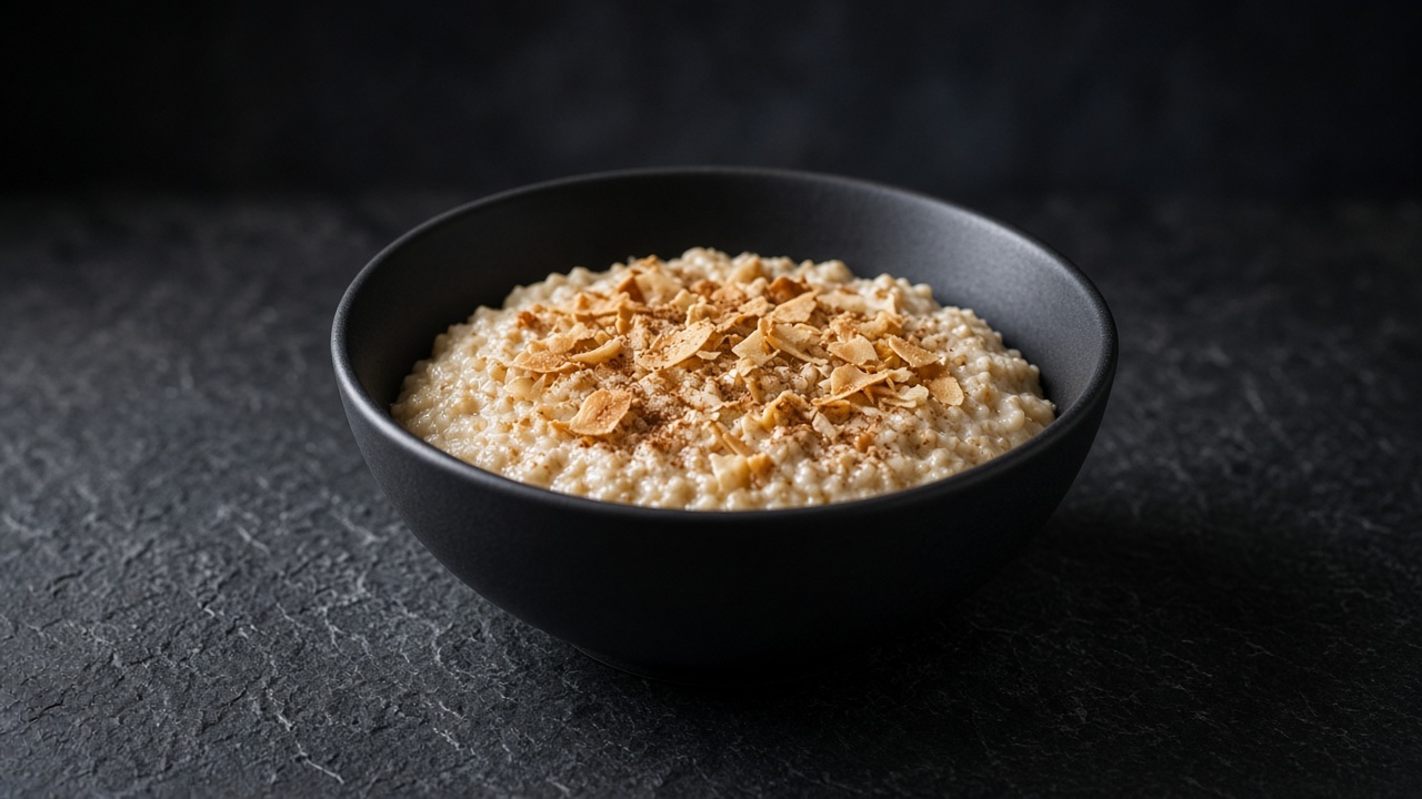 A bowl of creamy, pale oatmeal scattered with golden toasted coconut flakes and light brown sugar.
