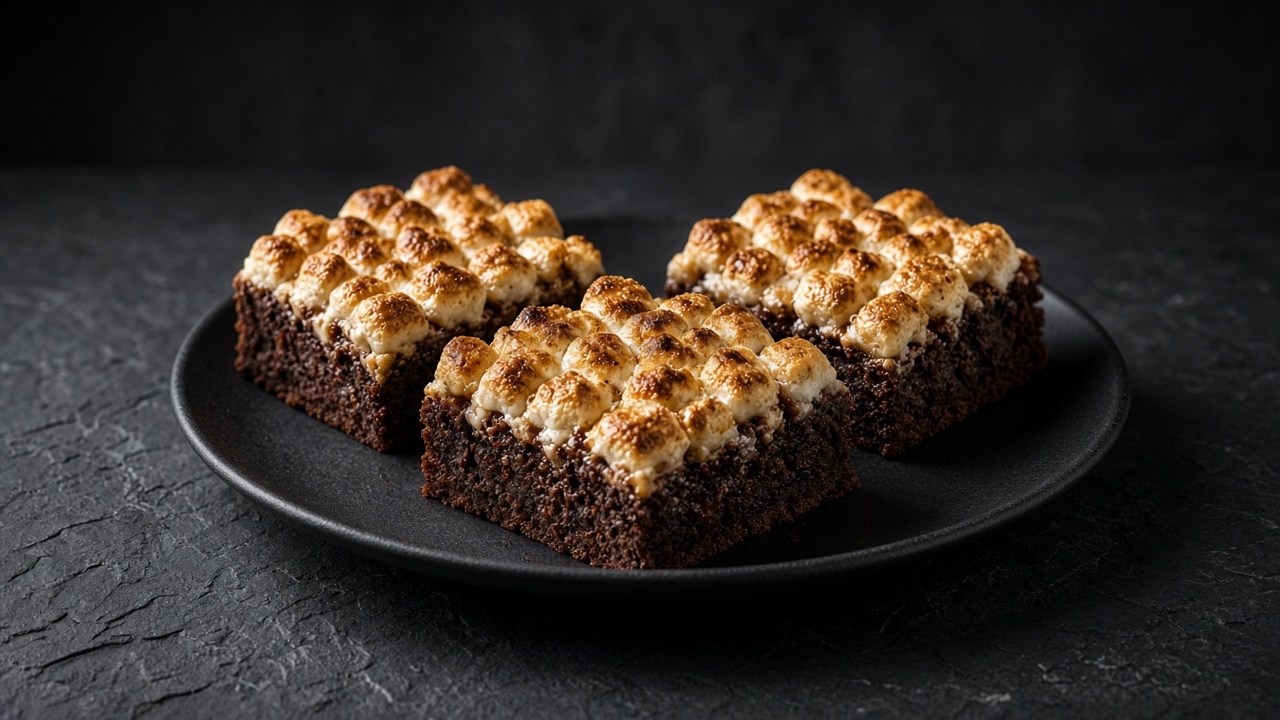 Brownie bars covered in puffed, golden toasted mini marshmallows.