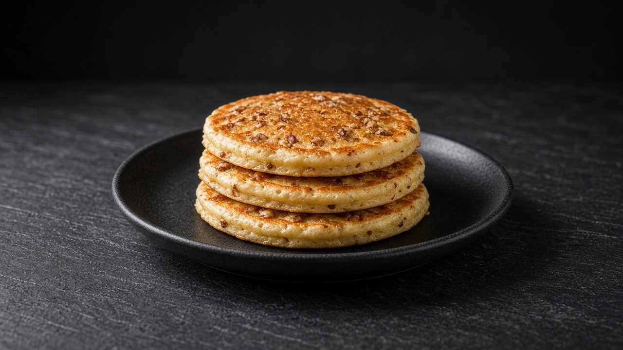 Golden pancakes dotted with chopped toasted pecans stacked on a plate.
