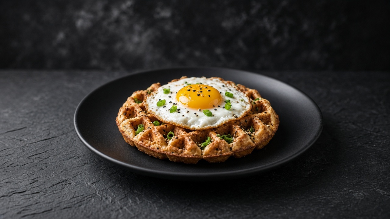 A golden savoury waffle flecked with sesame seeds and spring onion, topped with a fried egg.