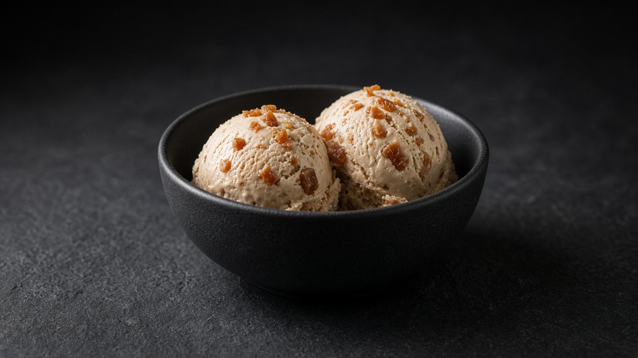 Two scoops of pale beige custard ice cream studded with pieces of amber toffee in a black bowl.