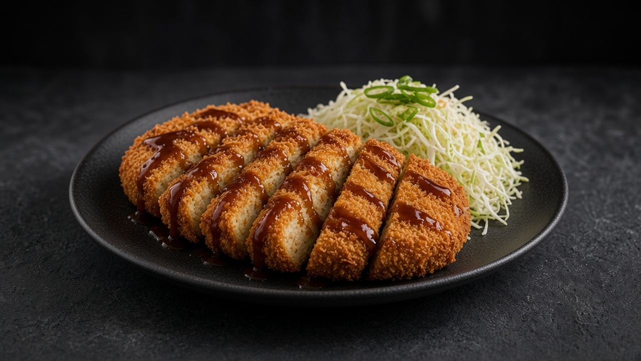 Golden panko-crusted tofu slices drizzled with dark tonkatsu sauce beside shredded cabbage salad on a matte dark plate.