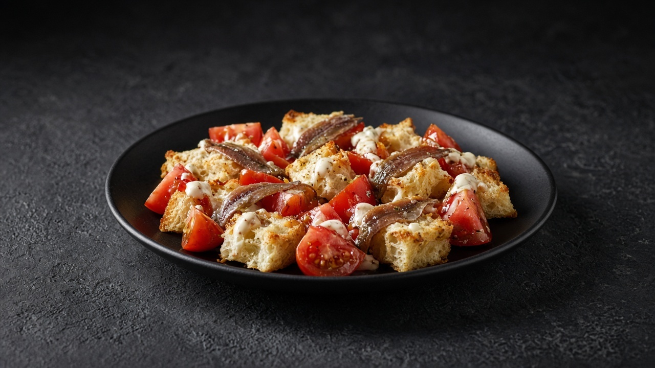 A platter of red tomato wedges and halved cherry tomatoes with golden ciabatta croutons, dots of creamy dressing and anchovy fillets on top.