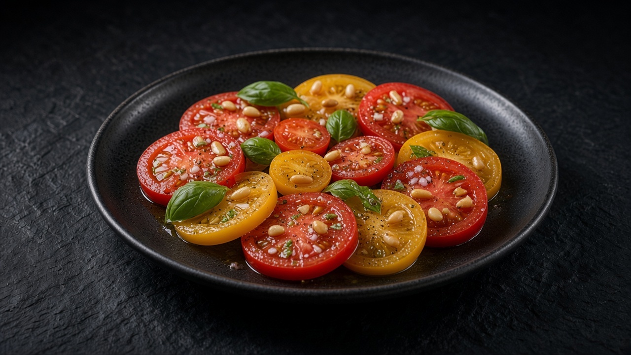 Sliced red and yellow tomatoes dressed with olive oil, toasted pine nuts and torn basil on a matte black plate.