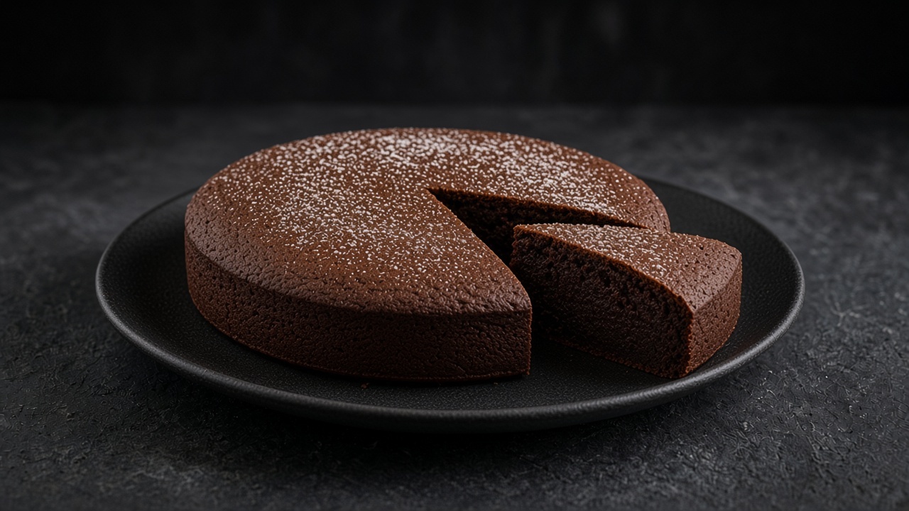 A dark chocolate almond cake with a crackled top dusted with icing sugar, one wedge cut, on a matte dark plate.