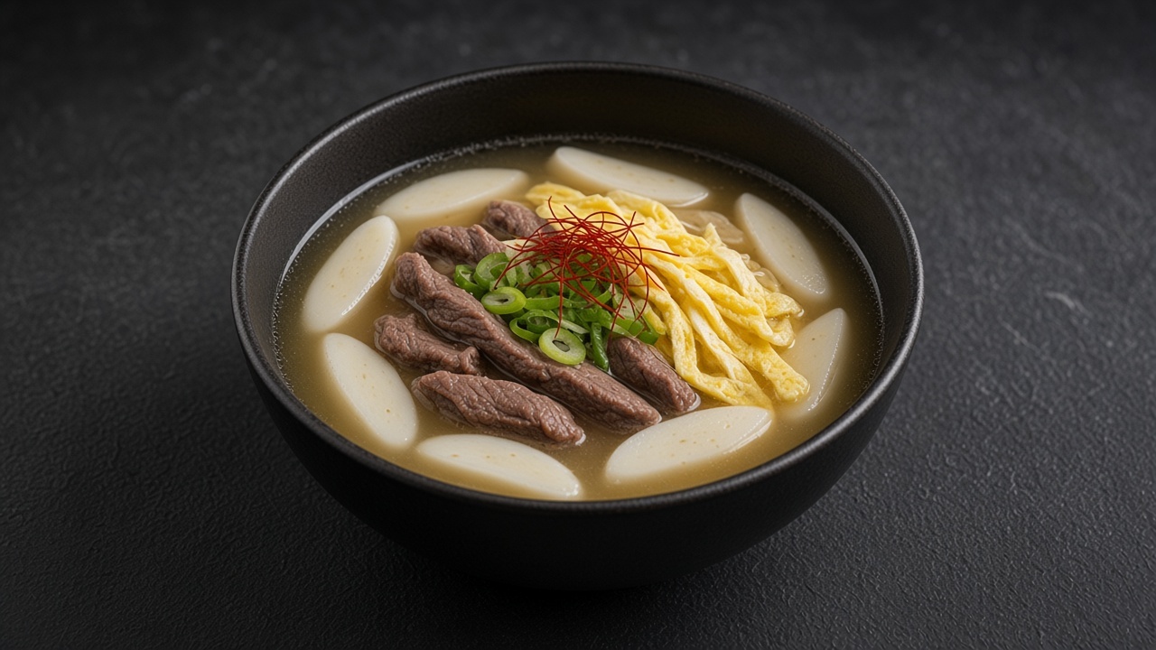A bowl of clear beef broth with sliced rice cakes, thin egg ribbons, spring onion and red chilli threads on a matte dark slate.