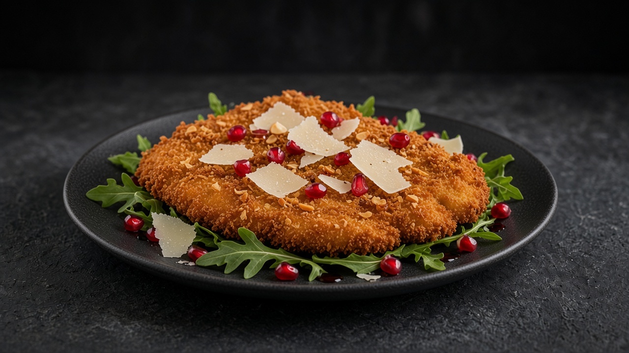 A golden almond-crumbed turkey schnitzel on rocket with Parmesan shavings and pomegranate seeds on a matte dark plate.