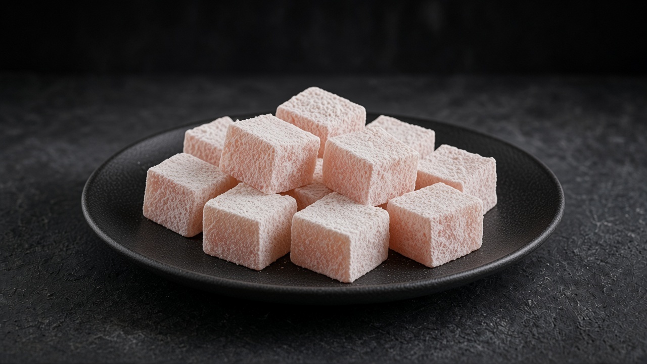Pale pink cubes of Turkish delight dusted in icing sugar on a matte dark slate.