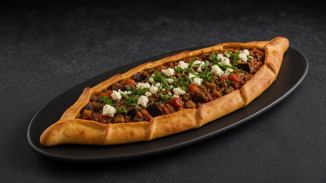 Golden boat-shaped pide filled with aubergine and tomato, feta and mint on a matte dark slate.