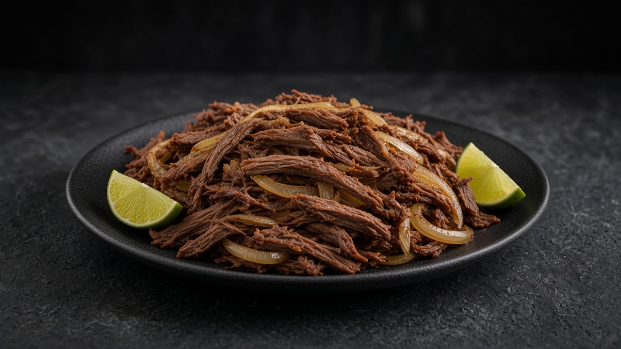 Crisp browned shredded beef with soft onions and lime wedges on a matte dark plate.