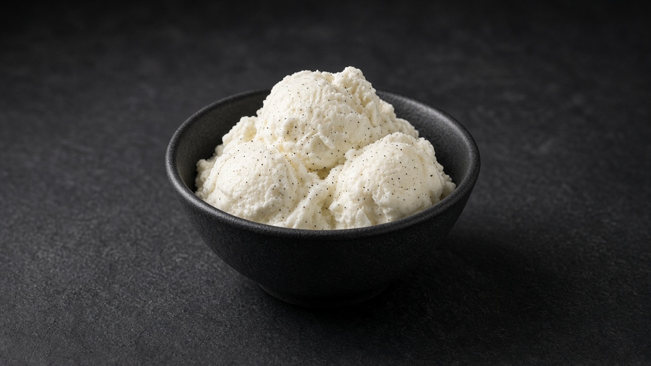 Vanilla bean frozen yoghurt with visible specks of vanilla seed.