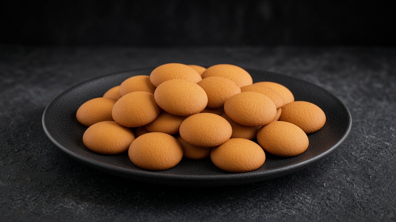Small round golden vanilla wafer biscuits piled on a matte dark plate.
