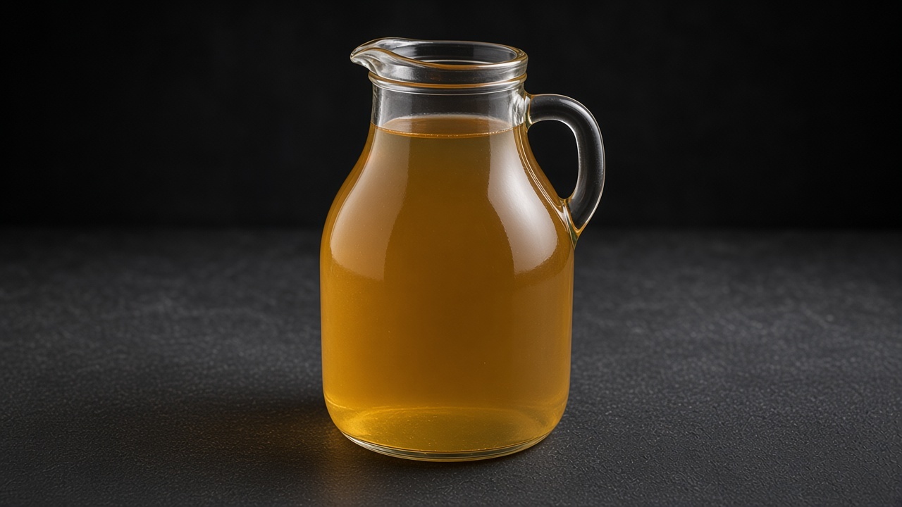 A glass jug of clear golden-brown veal stock on a matte dark slate.