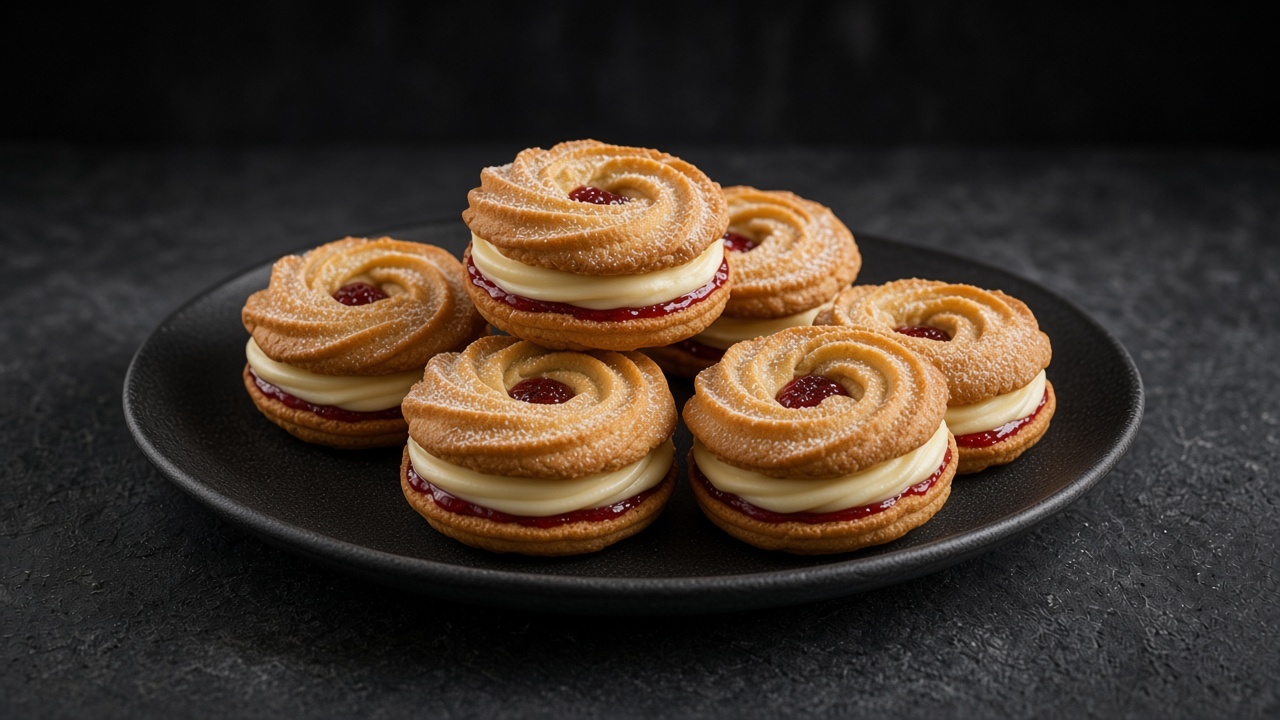 Golden piped Viennese whirl biscuits sandwiched with buttercream and red jam on a matte dark plate.