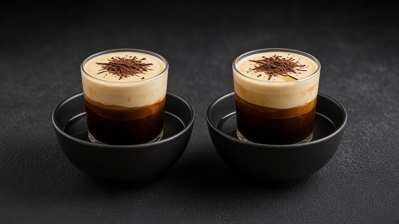 Small glasses of dark espresso topped with thick pale egg foam and grated chocolate on a matte dark slate.