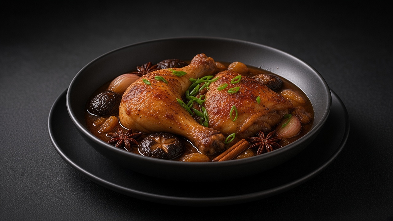 Braised chicken legs with browned skin, shiitake, star anise and cinnamon in a dark sauce in a matte bowl.