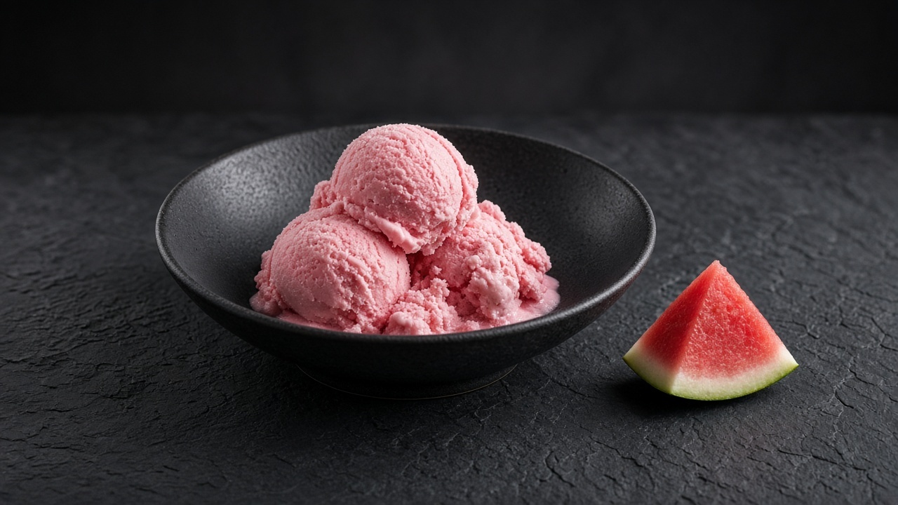 Pink watermelon sorbet scooped in a shallow dish, with a wedge of watermelon.