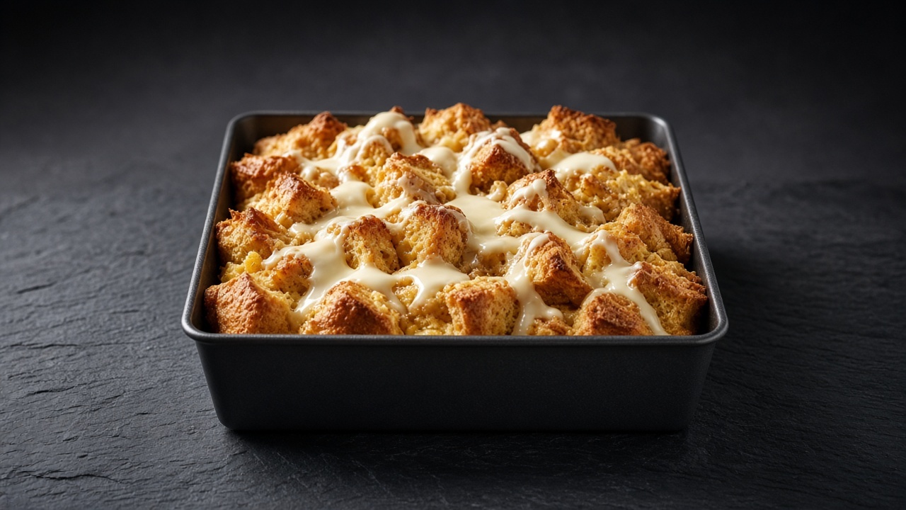 A golden, puffed square bread pudding in a baking tin, with warm white chocolate sauce poured over the top.