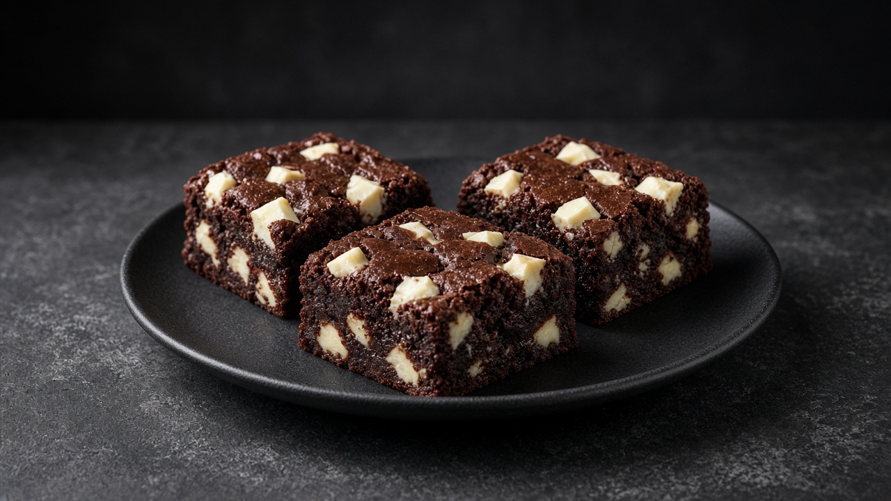 Dark brownie squares studded with large chunks of white chocolate.