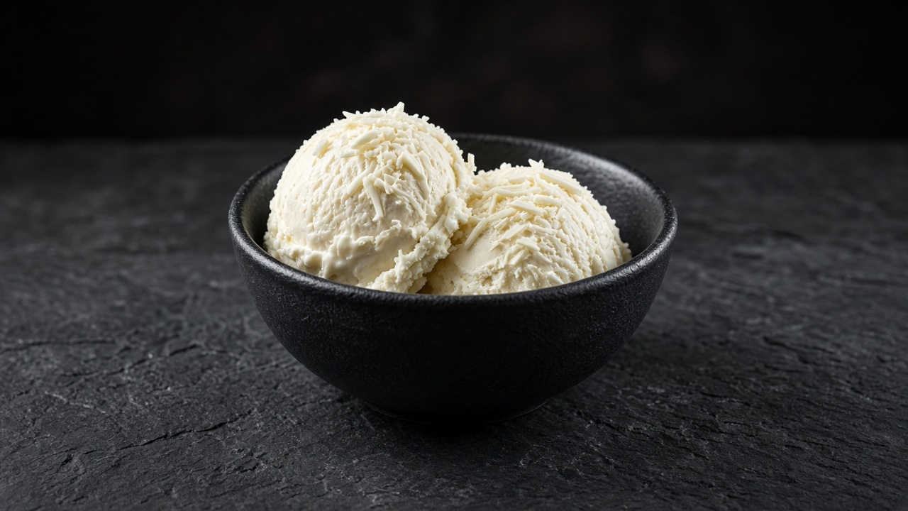 Two scoops of ivory white chocolate custard ice cream with white chocolate shavings in a black bowl.