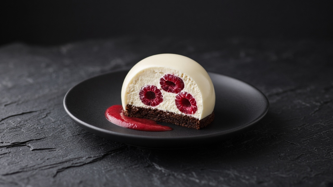 A white chocolate dome cut open to show pale mousse and raspberries, set on a disc of dark cake beside a swipe of raspberry sauce.