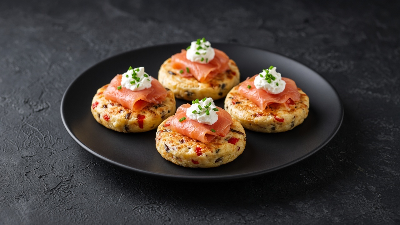 Four small fluffy pancakes flecked with wild rice and red pepper, topped with folds of smoked salmon and a spoonful of chive soured cream.