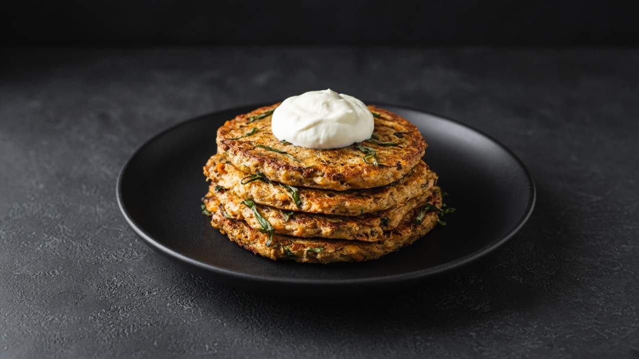 Stack of golden buckwheat and squash blini topped with a dollop of soured cream.