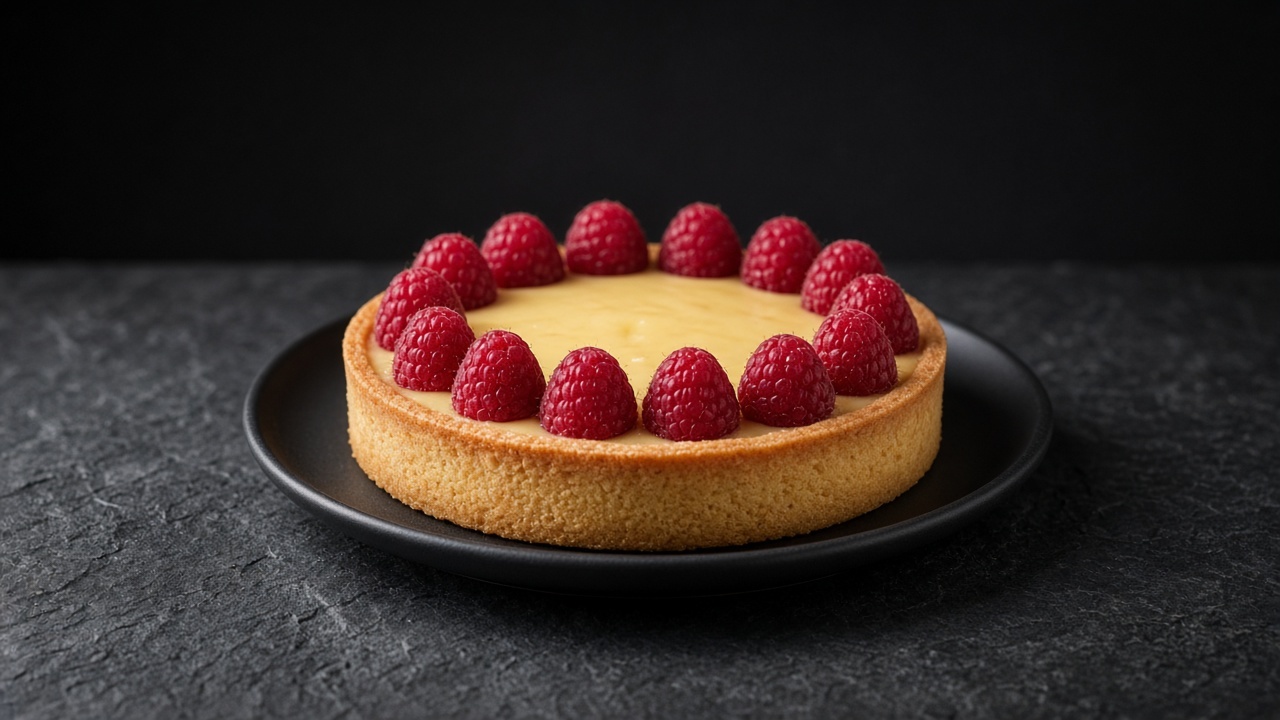 A smooth pale yellow yuzu curd tart with fresh raspberries arranged round the rim.